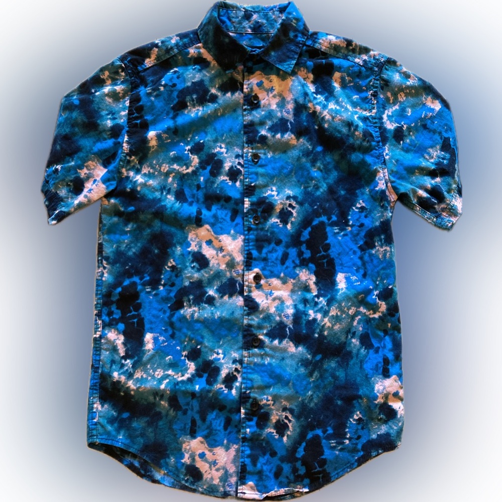 Original Use Blue/Pink/Black Tie-Dye Short Sleeve Button Down Shirt